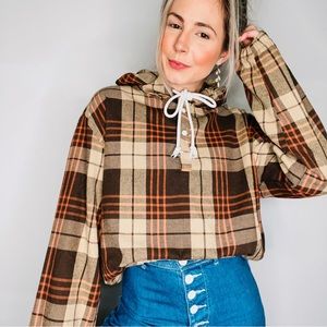 VINTAGE | Plaid Oversized Hooded Henley Pullover Lightweight Sweatshirt Top